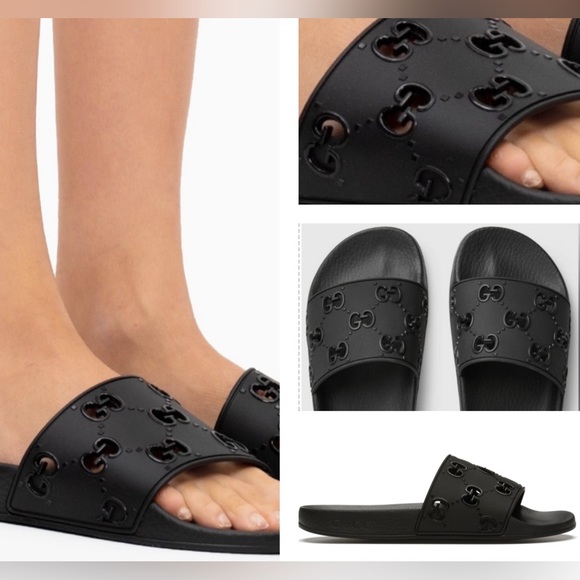 GUCCI BLACK WOMEN’S PURSUIT POOL SIDE SLIDES “GG” CUT OUT LOGO DETAILING - Picture 6 of 16